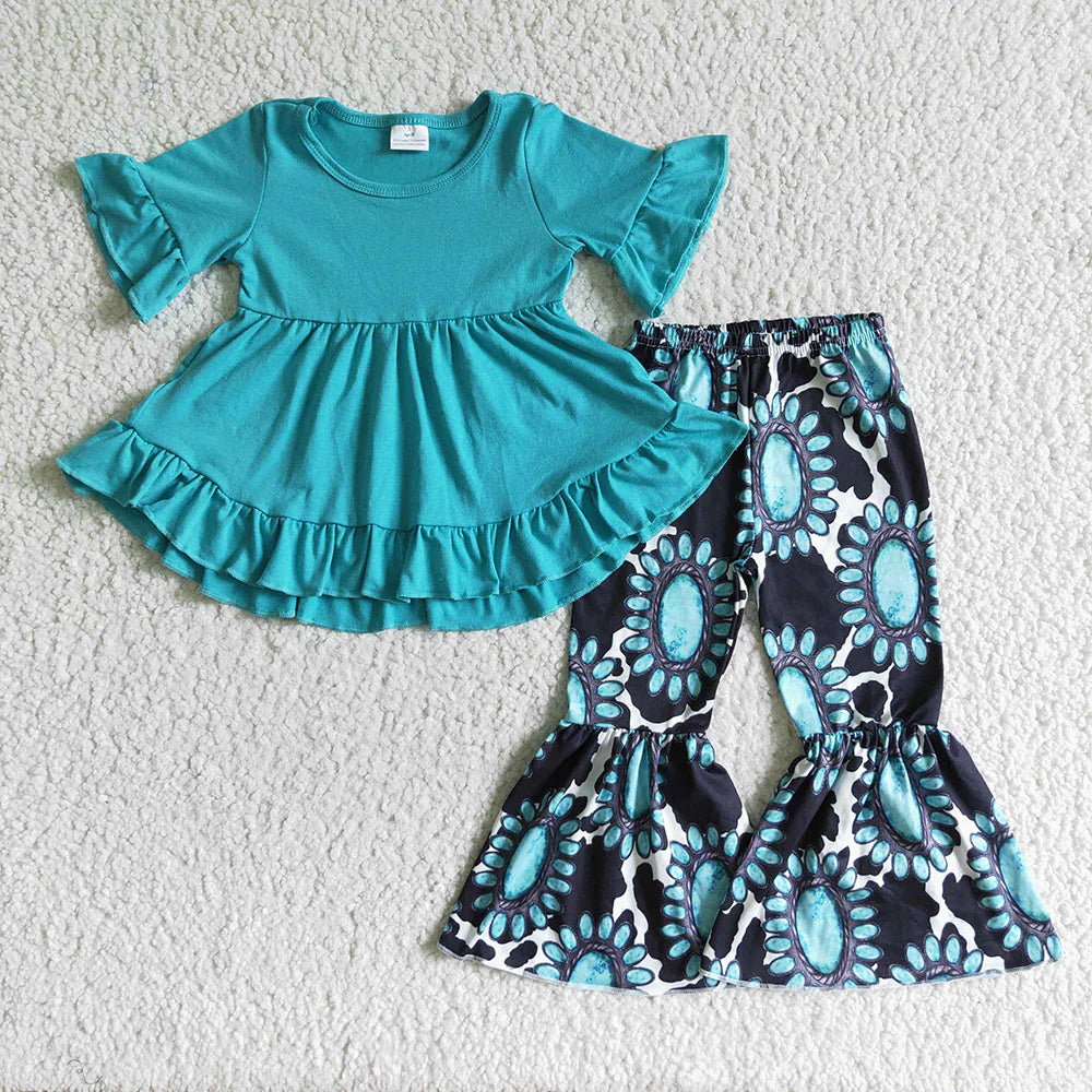 12.22 RTS Sibling Baby Girls Short Ruffle Sleeve Ruffle Tunic Farm Western Bell Bottom Pants Clothes Sets