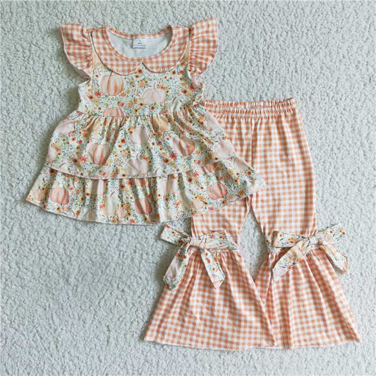USA Warehouse (IN STOCK)GSPO0124 Girls Pumpkin Ruffle Tunic Top with Bell Bottom Pants Cute Fall Outfit Set Boutique Girls Clothing