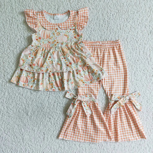 9.17 RTS Sibling Baby Girls Bows Flowers Pumpkins Tunic Leggings Bell Bottom Pant Fall Clothes Set