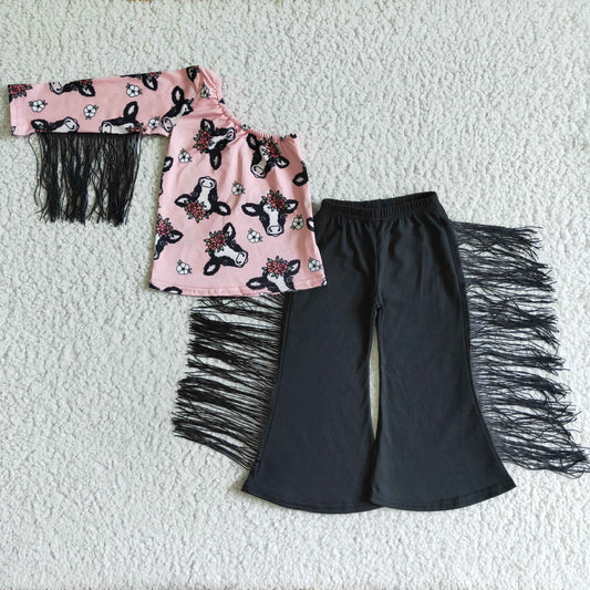 GSPO0140  Baby girls pink cow tassel western pants clothes sets
