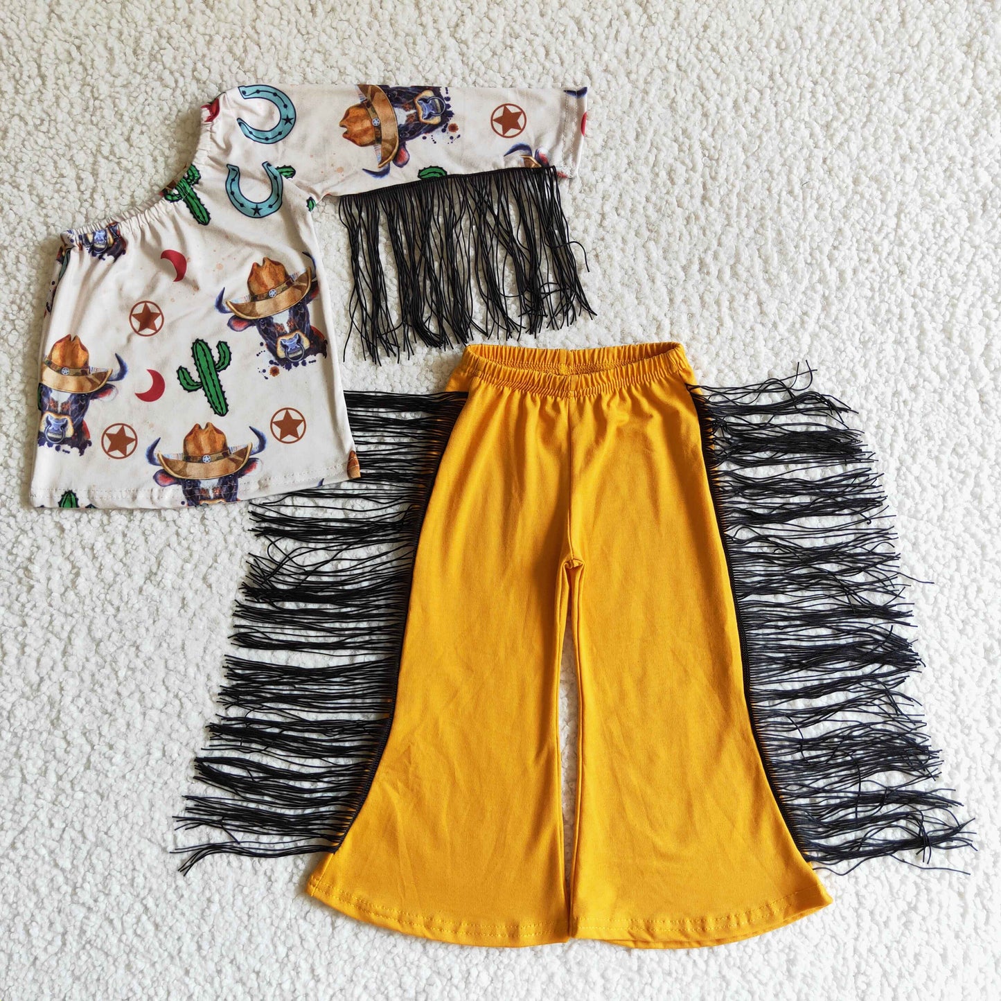 GSPO0142 Baby girls cactus cow tassel western pants clothes sets