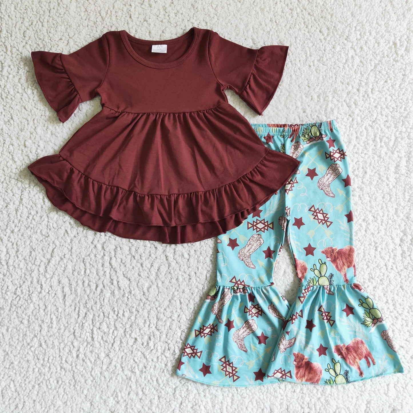 GSPO0192 Baby Girls western hi-low tunic bell pants clothes sets