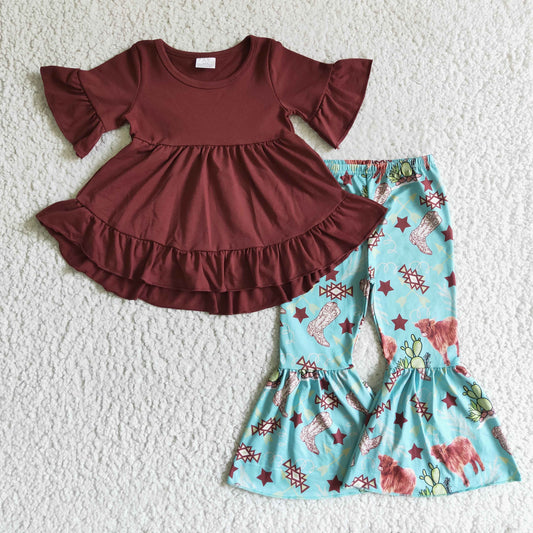 GSPO0192 Baby Girls western hi-low tunic bell pants clothes sets
