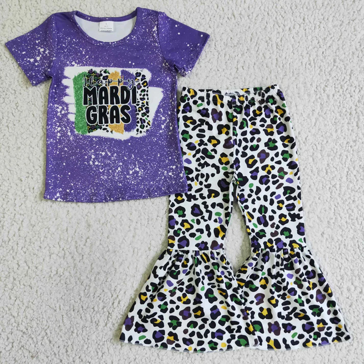 RTS Sibling Baby Girls Spring Outfits Mardi Gras Purple Bell Pants Clothes Sets rompers