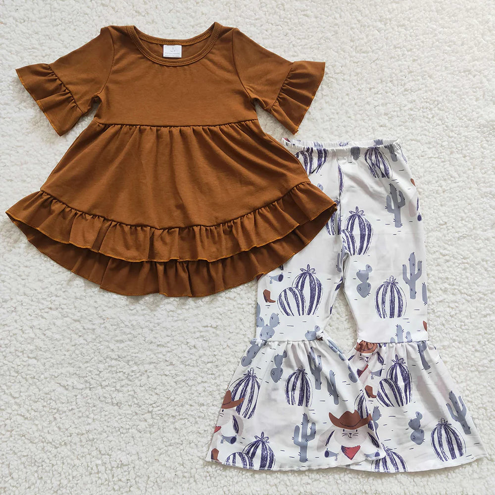 12.22 RTS Sibling Baby Girls Short Ruffle Sleeve Ruffle Tunic Farm Western Bell Bottom Pants Clothes Sets