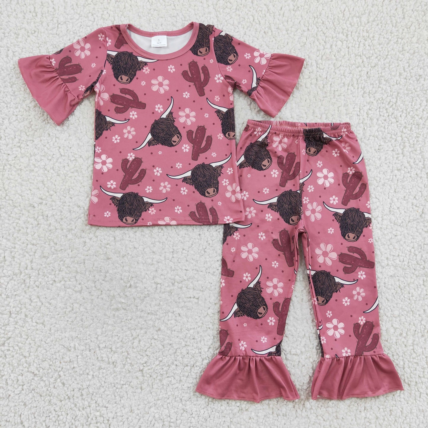 3.14 GSPO0326 RTS No Moq Promotion Baby Girls Highland Cow Cactus Western Pajamas Pants sets