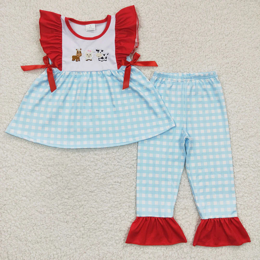 1.13 RTS Sibling Baby Girls Cow Animal Farm Plaid Rompers Outfits Suits
