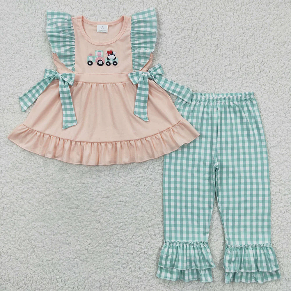 1.13 RTS Sibling Baby Girls Tractor Cow Pants Farm Clothes Sets