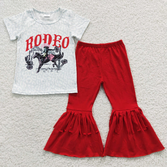 GSPO0602 Sales New RTS No Moq Promotion Horse cactus rodeo leopard shirt fringe pants girls clothes