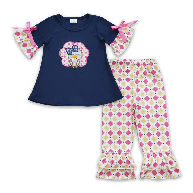 RTS Sibling Sibling milk silk Baby Girls Thanksgiving Print Tunic Top Ruffle Hem Pants Two Piece Clothes Sets Rompers