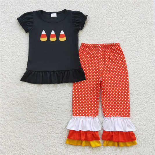 RTS Candy corn black top ruffle pants girls Halloween clothes