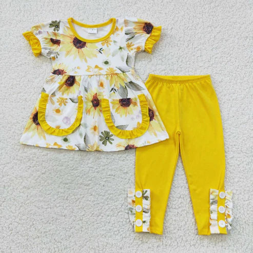 9.17 RTS Sibling Baby Girls Bows Flowers Tunic Leggings Pant Ruffle Sleeves Clothes Sets