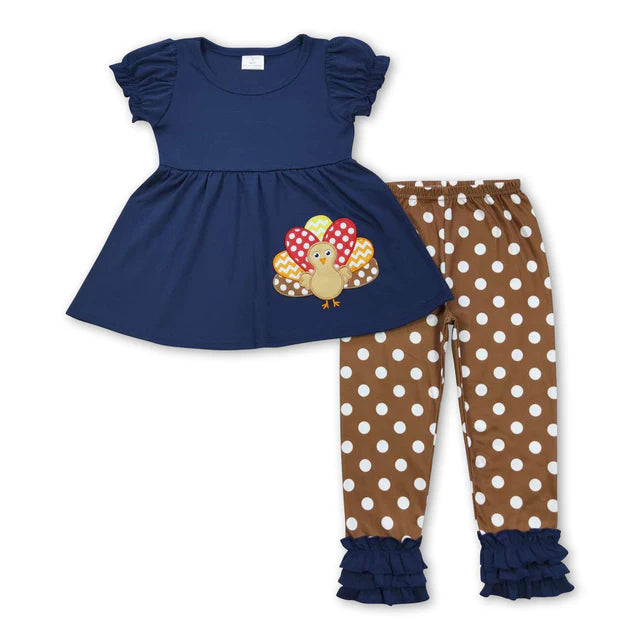 RTS Sibling Sibling milk silk Baby Girls Thanksgiving Print Tunic Top Ruffle Hem Pants Two Piece Clothes Sets Rompers