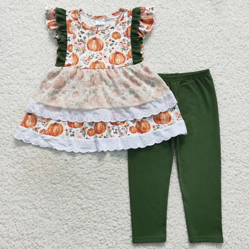 9.17 RTS Sibling Baby Girls Bows Flowers Pumpkins Tunic Leggings Bell Bottom Pant Fall Clothes Set