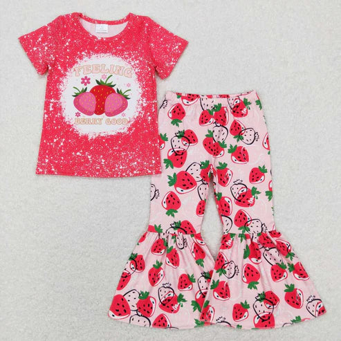 9.17 RTS Sibling Sibling Baby Girls Strawberry Flowers Top Bell Bottom Pants Clothes Sets Rompers
