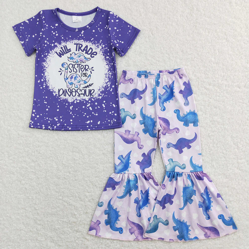 1.17 RTS Sibling Baby Girls Purple Dinosaur Dresses Clothes Sets