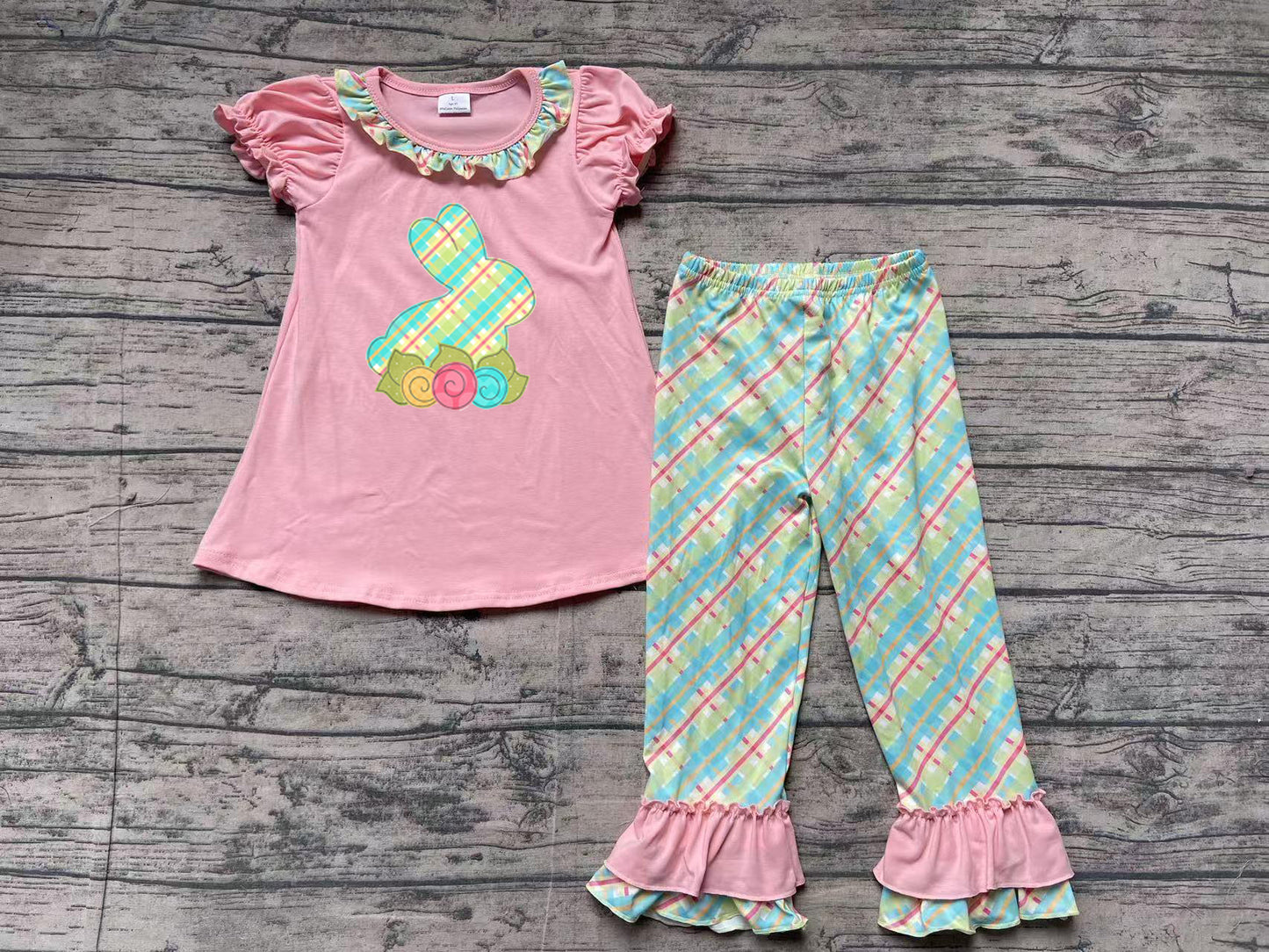 GSPO0974Girls Pink Floral Rabbit Tunic Ruffle Pants Outfit Easter Themed Children's Clothing Set