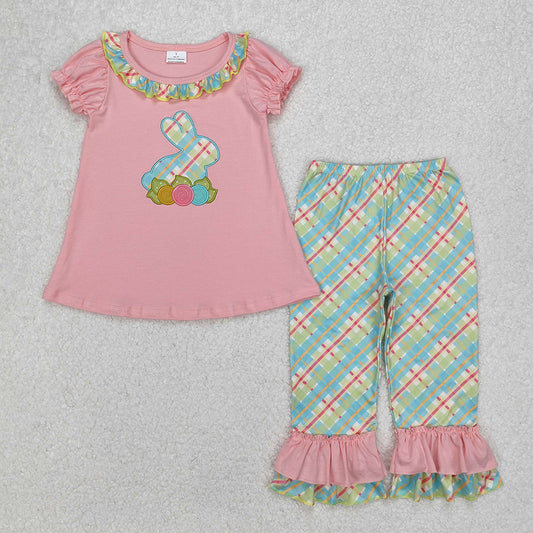 GSPO0974Girls Pink Floral Rabbit Tunic Ruffle Pants Outfit Easter Themed Children's Clothing Set