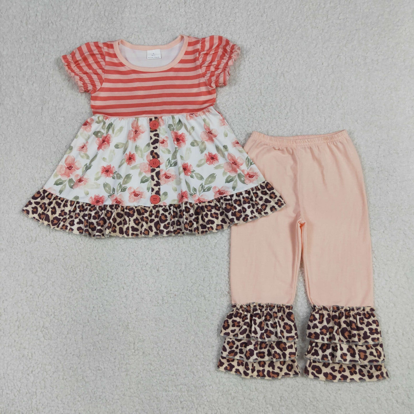 4.15 GSPO1044 RTS NO MOQ （In stock ）Short sleeves floral leopard tunic ruffle pants girls clothing