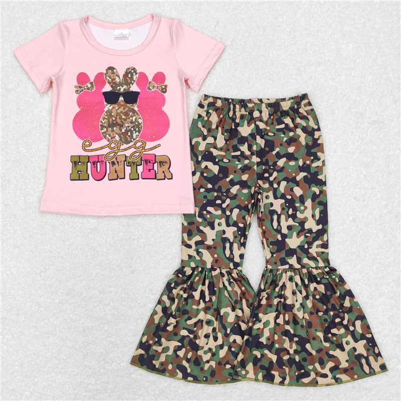 7.22  RTS NO MOQ Baby Girls Boys Spring Outfits Egg hunter bunny top camo pants girls easter clothes