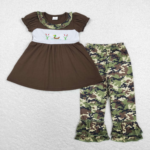 10.28 RTS Sibling Baby Girls Embroidery Ducks Tunic Ruffle Pants Hunting Clothes Sets Pant Rompers
