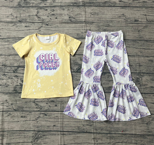 1.5 GSPO1092 Smple No Moq Baby Girls Power Short Sleeve Tee Shirts Flare Bell Pants Clothes Sets