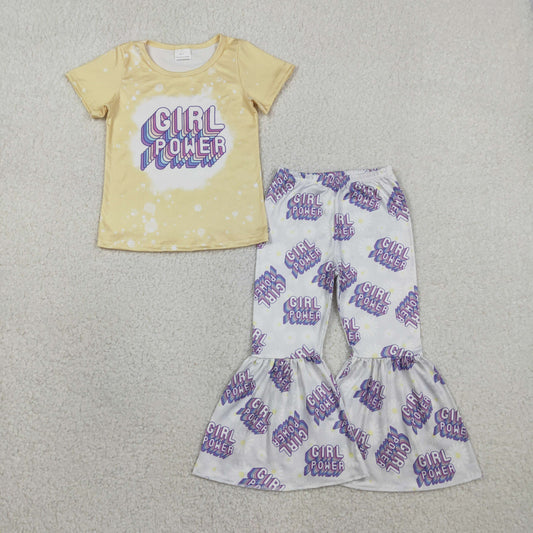 2.2 RTS NO MOQ （In stock）GSPO1092 Baby Girl Power Short Sleeve Shirt Top Bell Bottom Pants Clothes Sets