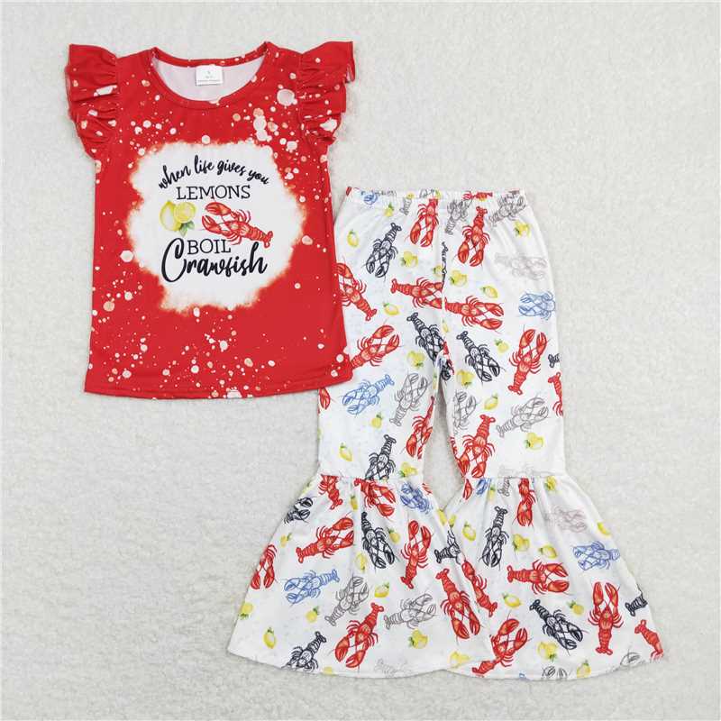 4.26 RTS NO MOQ Girls Lemon Crawfish Bell Bottom Pants Top Set Cute Animal Print High Waist Trousers Kids' Outfit