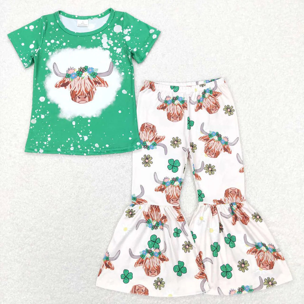 12.30 RTS Sibling Baby Girls St Patrick Highland Cow Dresses Outfits Suits