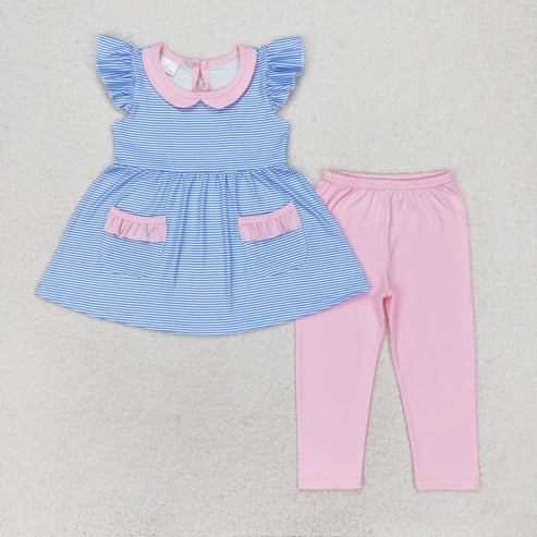 9.17 RTS Sibling Baby Girls Bows Flowers Tunic Leggings Pant Ruffle Sleeves Clothes Sets