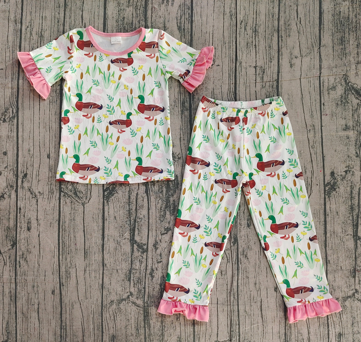 11.29 GSPO1252 Smple No Moq Baby Girls Duck Pink Tee Tops Ruffle Pants Pajamas Clothes Sets