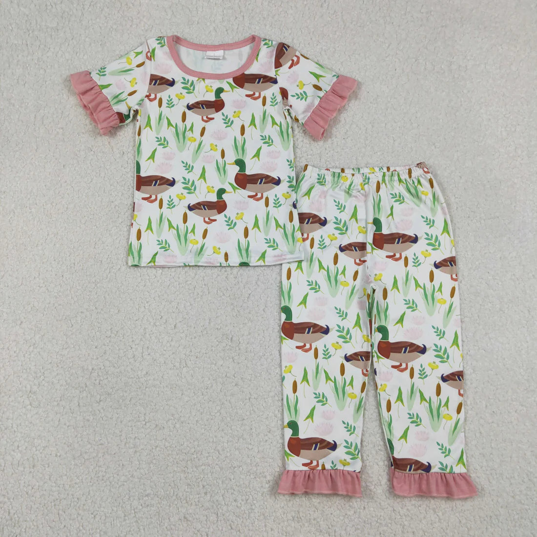 12.22 RTS Sibling Baby Girls Pink Short Ruffle Sleeve Flowers Ducks Top Short Pants Pajamas Clothes Sets