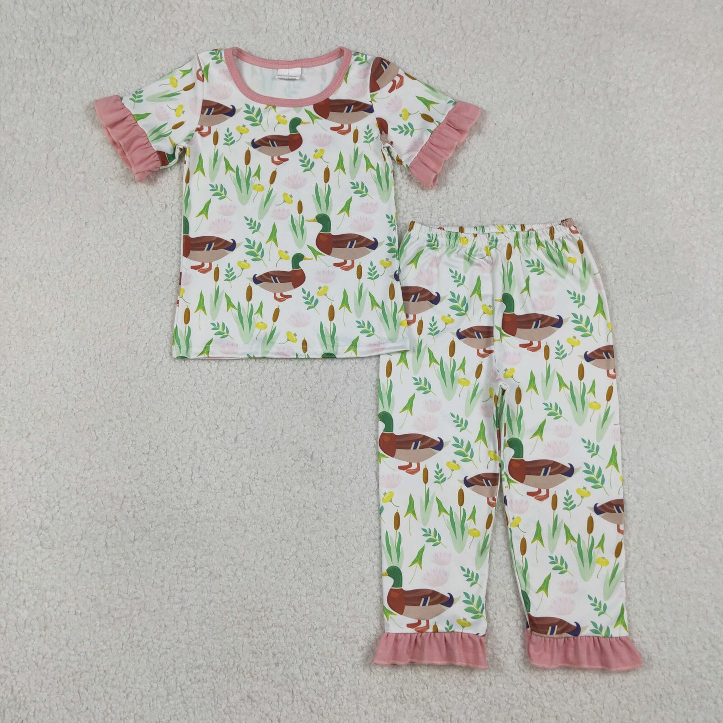 12.22 RTS NO MOQ （In stock）GSPO1252 Baby Girls Duck Floral Top Ruffle Pants Hunting Pajamas Sets