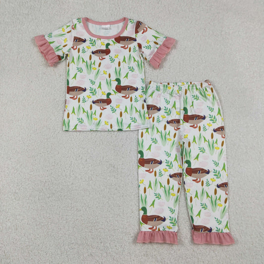 12.22 RTS NO MOQ （In stock）GSPO1252 Baby Girls Duck Floral Top Ruffle Pants Hunting Pajamas Sets