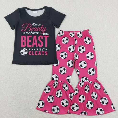 10.13 RTS Sibling Baby Girls Short Sleeve Baseballs Footballs Top Bell Bottom Pants Team Clothes Sets
