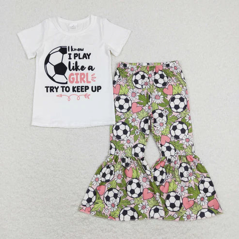 10.13 RTS Sibling Baby Girls Short Sleeve Baseballs Footballs Top Bell Bottom Pants Team Clothes Sets