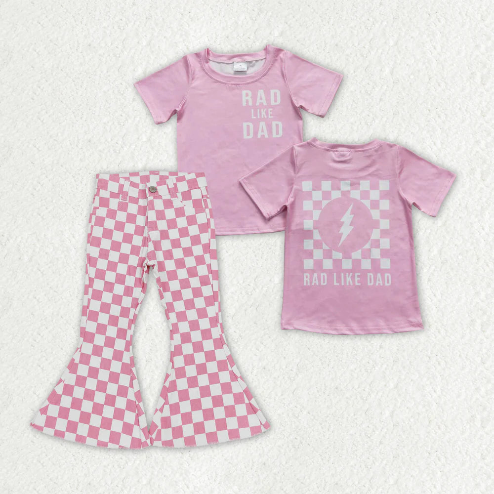 12.20 RTS Sibling Baby Girls Rad Like Dad Back Print Top Checked Bell Bottom Denim Pants Clothes Sets