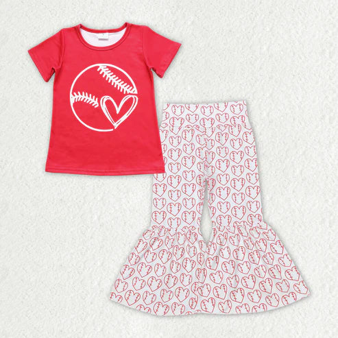10.13 RTS Sibling Baby Girls Short Sleeve Baseballs Footballs Top Bell Bottom Pants Team Clothes Sets