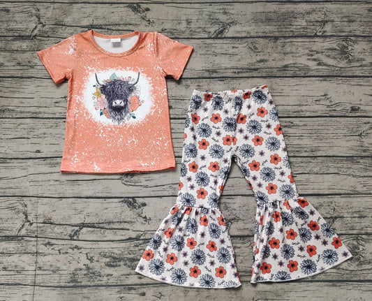 Baby Girls Highland Cow Flowers Short Sleeve Shirt Bell Pants Clothes Sets Preorder