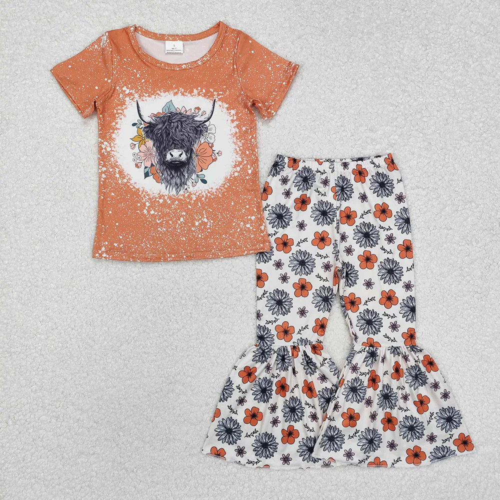 1.17 RTS Sibling Sisters Baby Girls Highland Cow Flowers Short Sleeve Dresses Clothes Sets