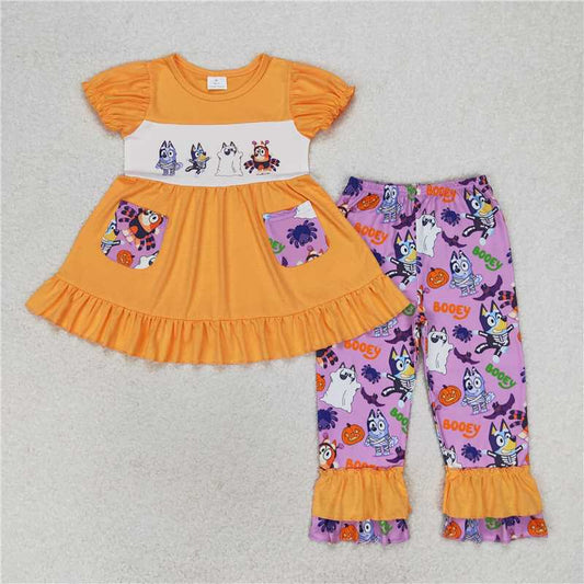 RTS  Short sleeves dog pumpkin tunic pants girls Halloween set