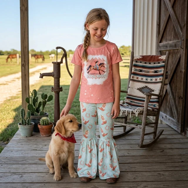 RTS NO MOQ milk silk GSPO1571 Baby Girls Cute Cowboy Rodeo Shirt Boots Bell Pants Clothes Sets