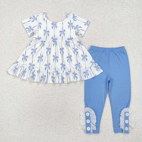 9.17 RTS Sibling Baby Girls Bows Flowers Tunic Leggings Pant Ruffle Sleeves Clothes Sets