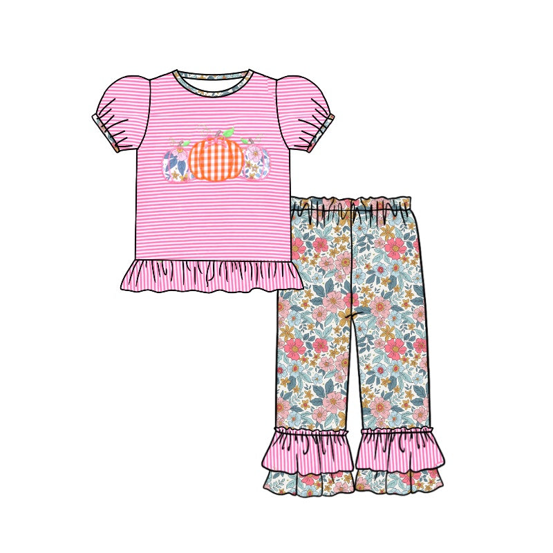 No moq GSPO1689 Pre-order Size 3-6m to 14-16t baby girl clothes short sleeve top with trousers kids autumn set