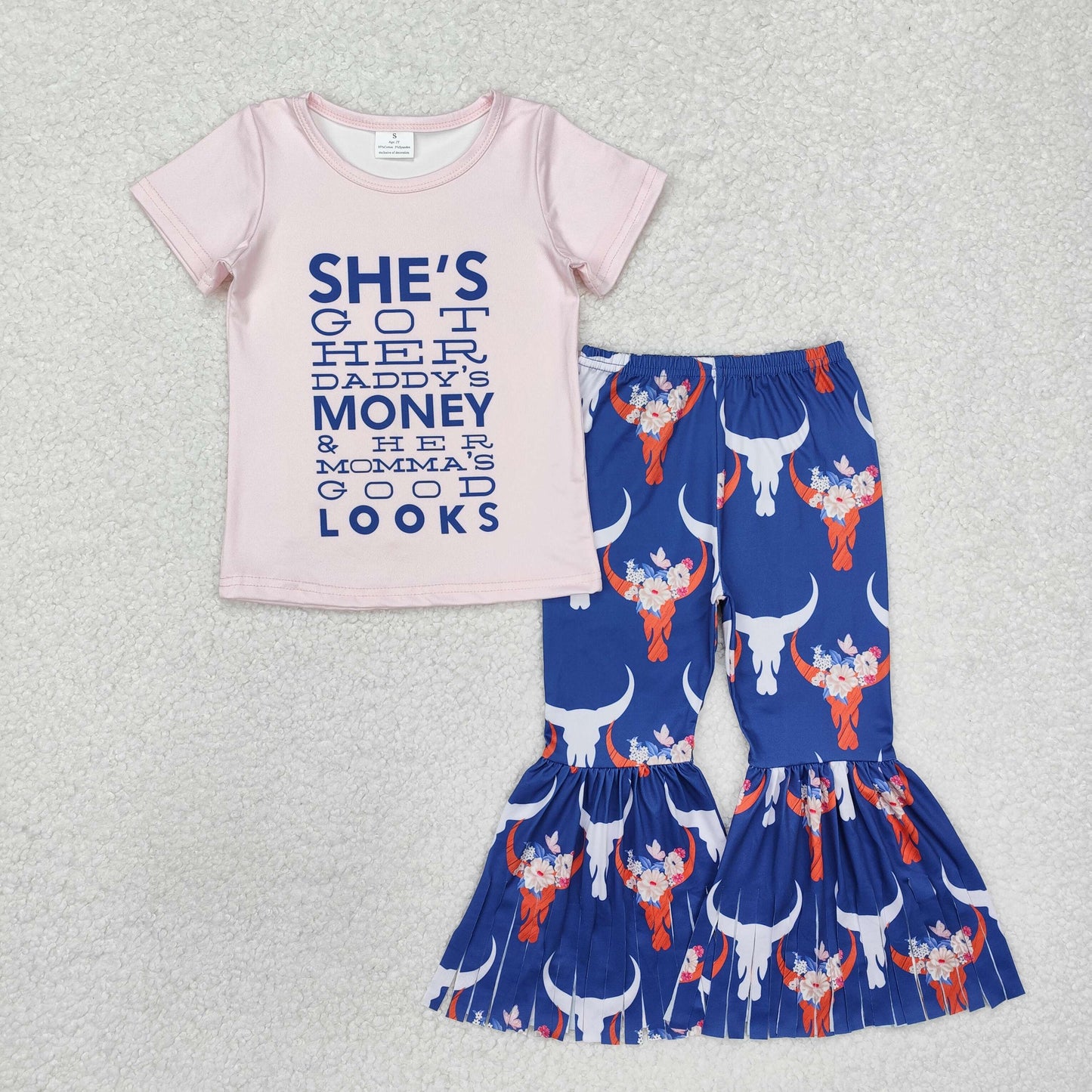 GSPO1720Short sleeves pink top bull skull tassels pants girls clothes