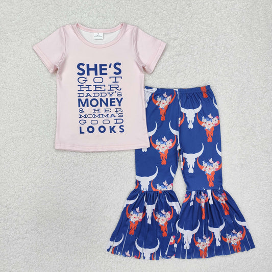 GSPO1720Short sleeves pink top bull skull tassels pants girls clothes