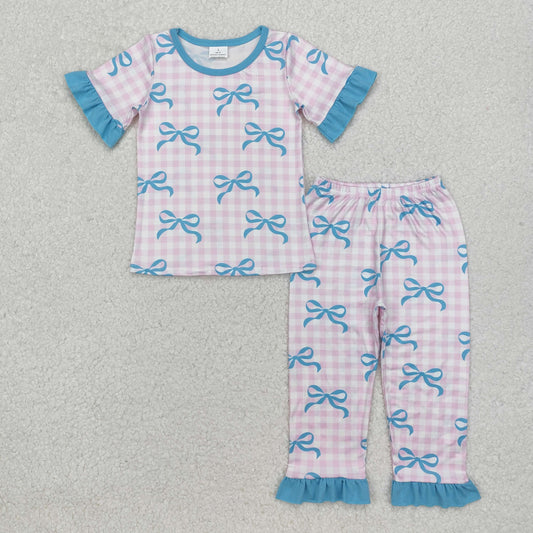 GSPO1736 Bow pattern blue lace pink plaid short-sleeved long pants pajama set
