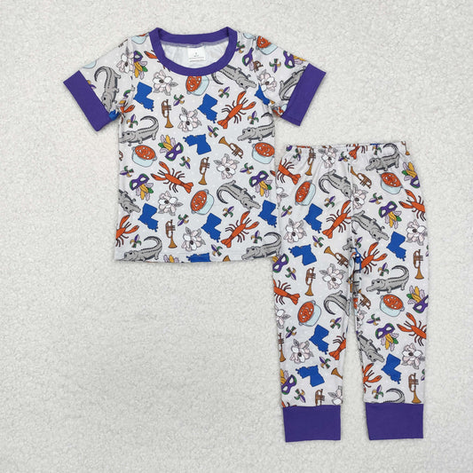 GSPO1758  Purple alligator crawfish baby kids Mardi Gras pajamas