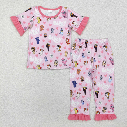 GSPO1760  Pink short sleeves heart dog girls valentine's day pajamas