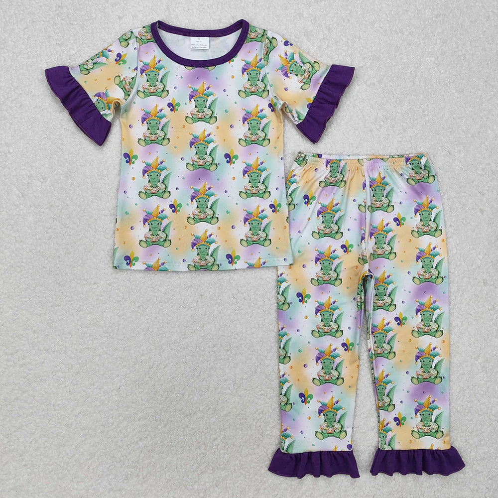 12.26 RTS Sibling Girls Baby Boys Mardi Gras Crocodile Rompers Pajamas Suits